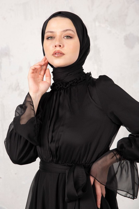 SİYAH Janjan Şifon Elbise & Şal Takım 32-9305