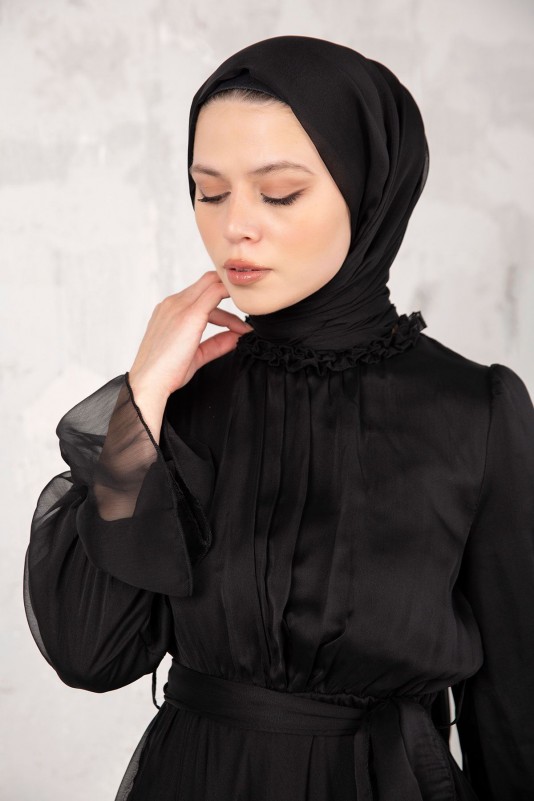 SİYAH Janjan Şifon Elbise & Şal Takım 32-9305
