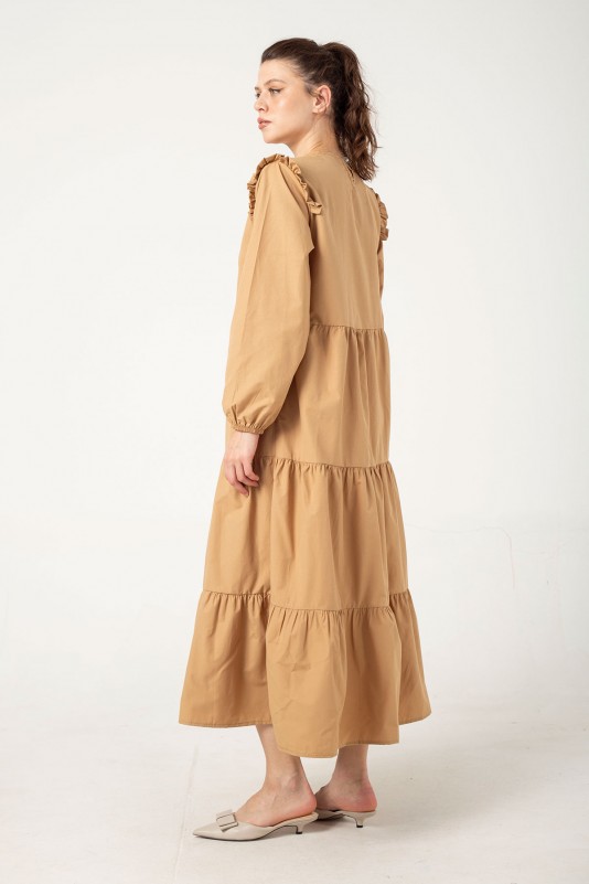 BEJ Omzu Fırfırlı Basic Elbise 3-6008