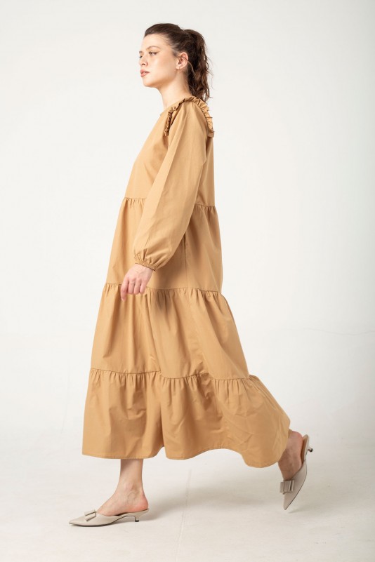 BEJ Omzu Fırfırlı Basic Elbise 3-6008