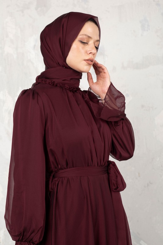 BORDO Janjan Şifon Elbise & Şal Takım 32-9305