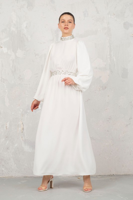 EKRU Taşlı Krep Elbise 32-9140-1