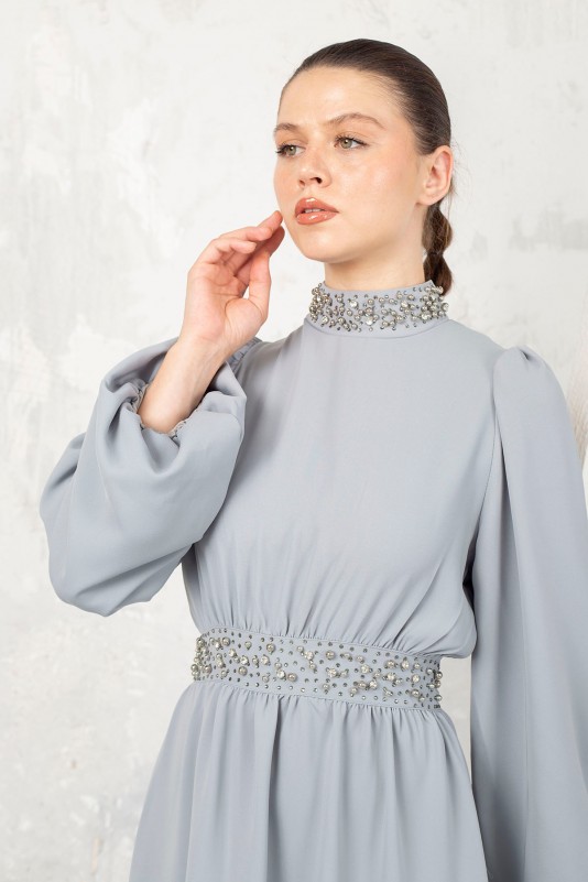 GRİ Taşlı Krep Elbise 32-9140-1