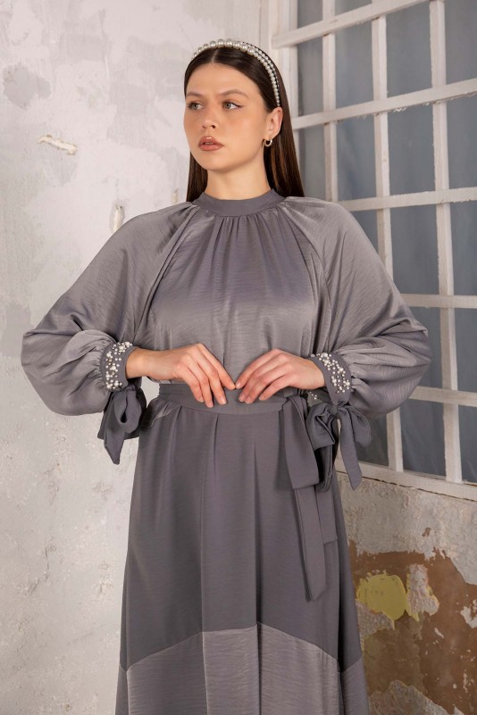 ANTRASİT Kolu Taş Detaylı Elbise 32-9106-1