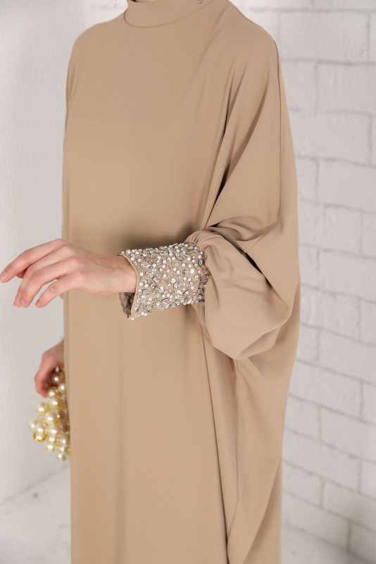 BEJ Kolu Taşlı İşlemeli Elbise 32-2053