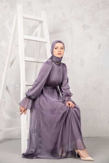 LEYLAK Janjan Şifon Elbise & Şal Takım 32-9305