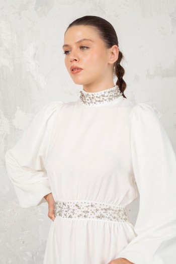 EKRU Taşlı Krep Elbise 32-9140-1