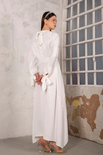EKRU Kolu Taş Detaylı Elbise 32-9106-1