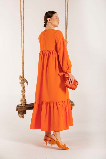 ORANJ Kolu Bağcıklı Poplin Elbise 3-3070